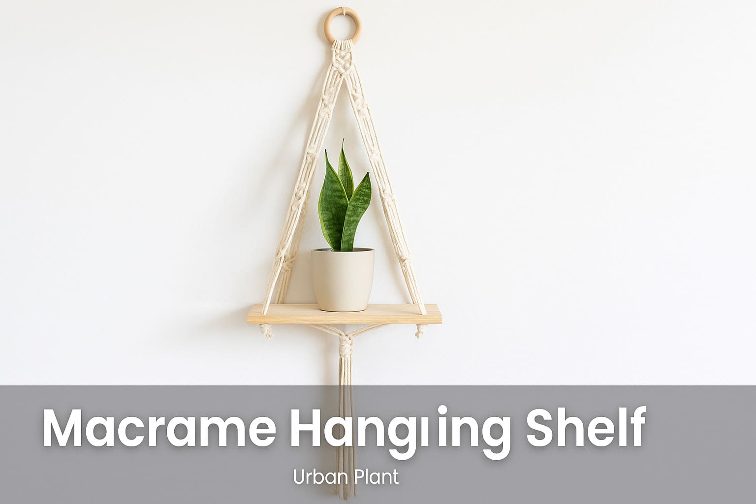 Macrame hanging shelf with light wooden plank and snake plant in ceramic pot against a white wall – Urban Plant